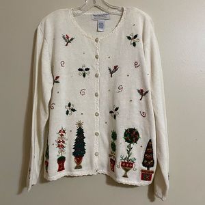 Vintage Christmas Holiday Cardigan Sweater Tiara International Appliqué